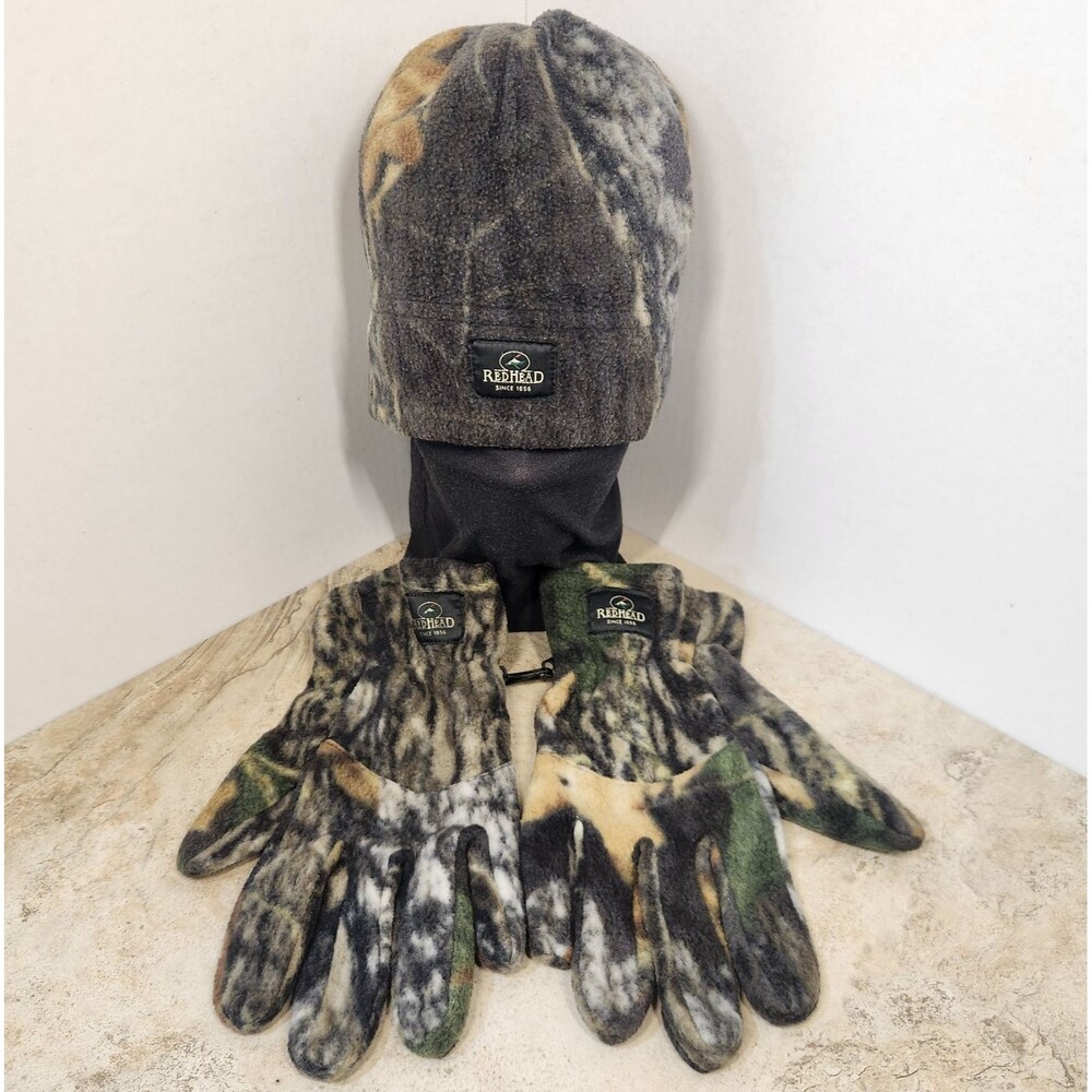 RedHead Camo Fleece Hunting Set Beanie Hat OS Matching Gloves XL/2XL Vintage